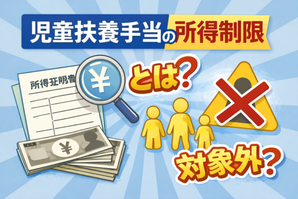 児童扶養手当の所得制限を示すイラスト。所得証明書と家族アイコン、対象外の注意マークで判定の考え方を表現