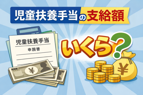 児童扶養手当の支給額を示すイラスト。申請書とお金のイメージで全額・一部支給の考え方を表現