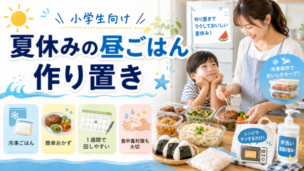 夏休みに小学生が食べる昼ごはんを、冷凍ごはんや簡単なおかずの作り置き、電子レンジでの温め方、食中毒対策とともに紹介する画像