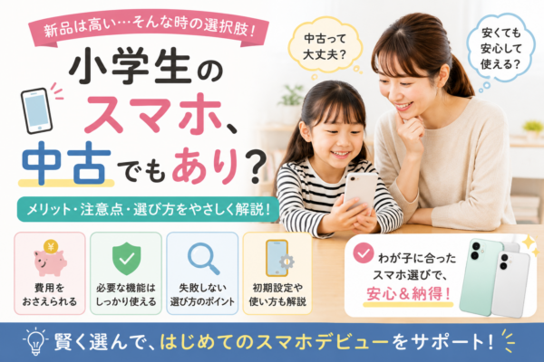 小学生が中古スマホを使う場面と、費用・必要な機能・選び方・初期設定のポイントを親子で確認している様子