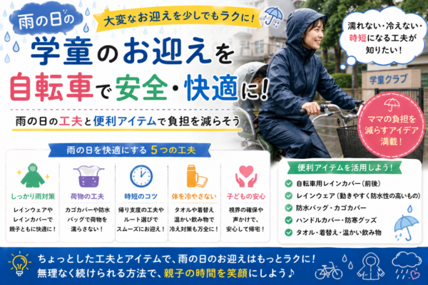 雨の日に学童へ自転車でお迎えするときのレインウェア・荷物対策・視界確保・子供の安全・便利アイテムなどの工夫をまとめた画像