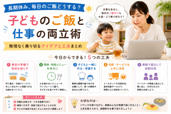 長期休みに子供のご飯を用意しながら仕事を続ける親に向け、作り置き・簡単メニュー・子供との準備・宅配サービス・家族の協力など、負担を減らす工夫をまとめた画像