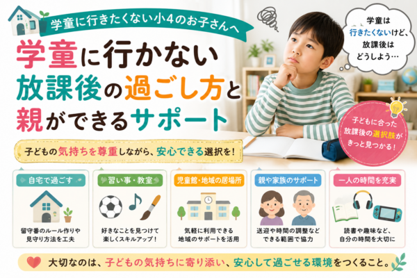 学童に行きたくない小学4年生の放課後について、自宅での留守番、習い事、地域の居場所、家族の協力、一人時間など安心して過ごすための選択肢を紹介する画像