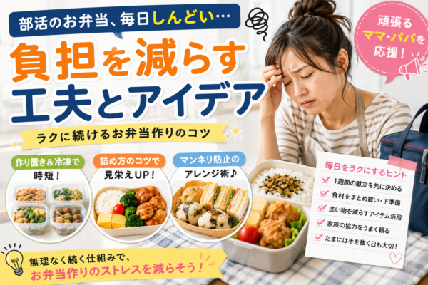 部活のお弁当作りが毎日しんどいと感じる家庭向けに、作り置き・冷凍食品・詰め方の工夫や家族との分担で負担を減らす方法を紹介する画像
