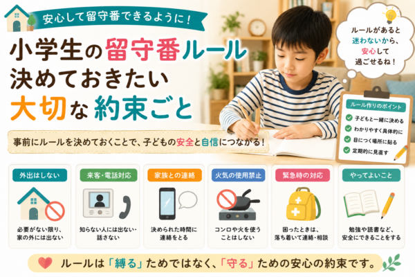 小学生が安心して留守番するために、外出しない、知らない来客に対応しない、家族へ連絡する、火を使わない、緊急時の対応など親子で決めたい基本ルールを紹介する画像