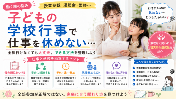 子供の学校行事に仕事で参加できないと悩む親に向け、優先順位・早めの相談・半休や途中参加・代理参加・行けない日の声かけなどの対処法をまとめた画像