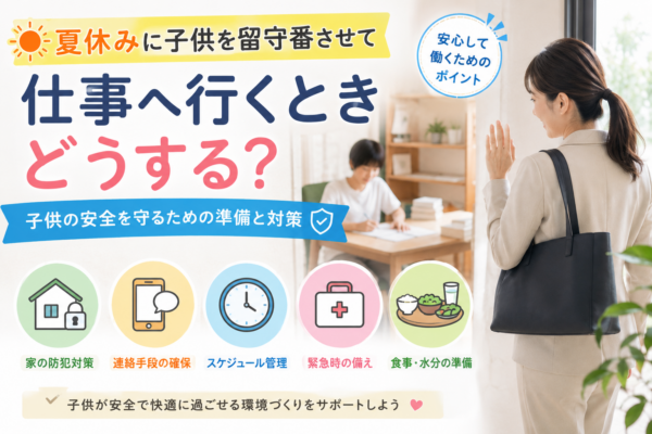 夏休みに子どもを留守番させて仕事へ行く母親と、安全対策・連絡手段・食事・1日のスケジュールを示したアイキャッチ画像