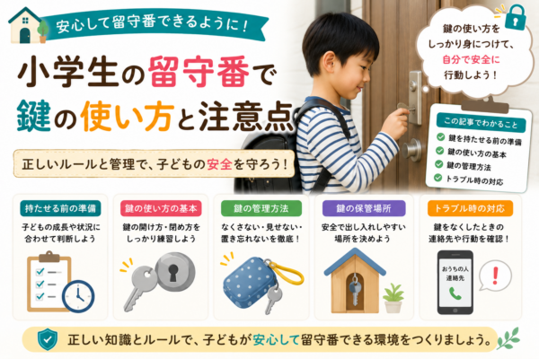 小学生が留守番で家の鍵を使う際の、持たせる前の準備、開け閉めの練習、なくさない管理方法、安全な保管場所、紛失時の対応を紹介する画像