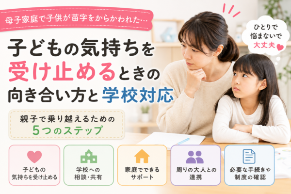 離婚後に親子で苗字が違う家庭で、子どもの気持ちに寄り添いながら学校への相談や家庭での対応を考える母親と子どもの様子