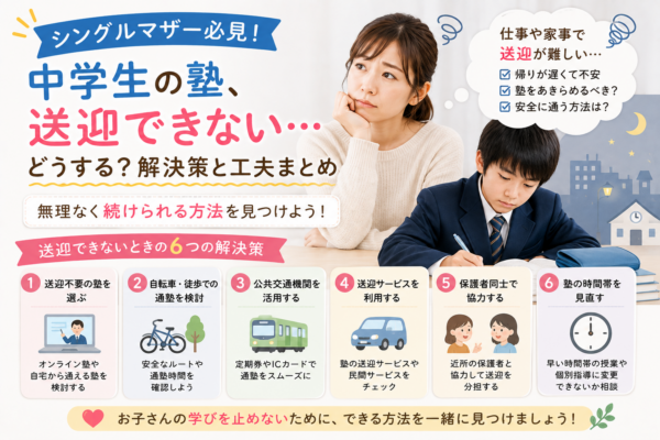 中学生の塾送迎ができない家庭向けに、オンライン塾、自転車や徒歩、公共交通機関、送迎サービス、保護者同士の協力、授業時間の見直しなど、無理なく通塾を続けるための方法を紹介する画像