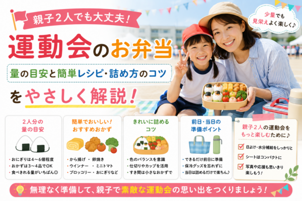 親子2人の運動会弁当について、おにぎりや唐揚げ・卵焼きなどの簡単メニュー、量の目安、詰め方、前日準備や保冷のコツを紹介する画像