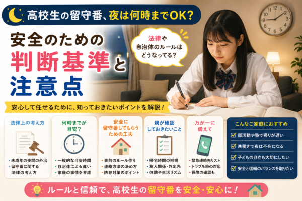 高校生が夜に留守番する際の判断基準や何時までを目安にするか、防犯・連絡方法・緊急時の備えなど家庭で確認したい注意点を紹介する画像