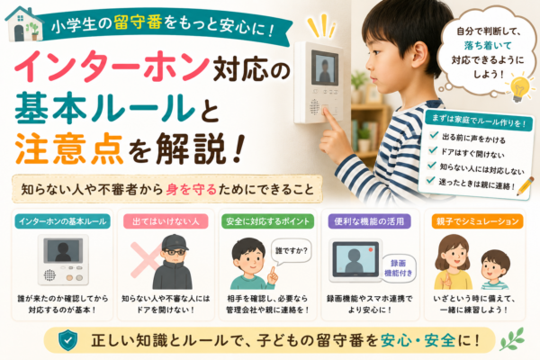 小学生が留守番中にインターホンへ対応する際の基本ルール、知らない人への対応、防犯対策、録画機能の活用、親子での事前練習について紹介する画像
