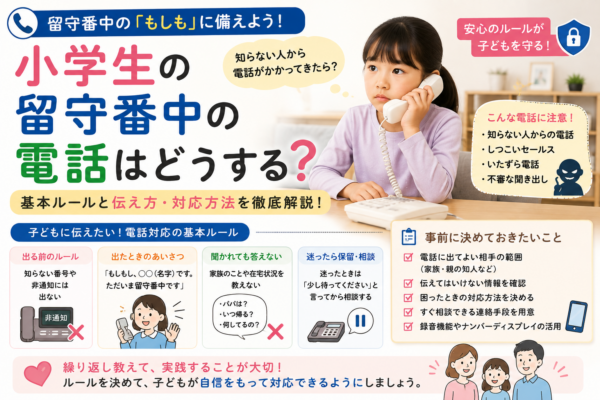 小学生が留守番中に固定電話を使う様子と、知らない番号には出ない・個人情報を伝えない・困ったら保護者へ相談するなど電話対応の安全ルールを示したアイキャッチ画像