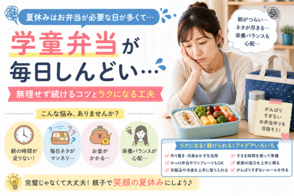 夏休みの学童弁当を毎日作る負担に悩む母親と、冷凍食品・作り置き・市販品を活用した時短の工夫を示したアイキャッチ画像