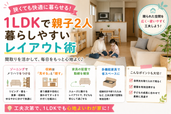 1LDKで親子2人が快適に暮らすために、学習スペース、寝室の分け方、収納、家具配置など狭い部屋を広く使うレイアウトの工夫を紹介する画像