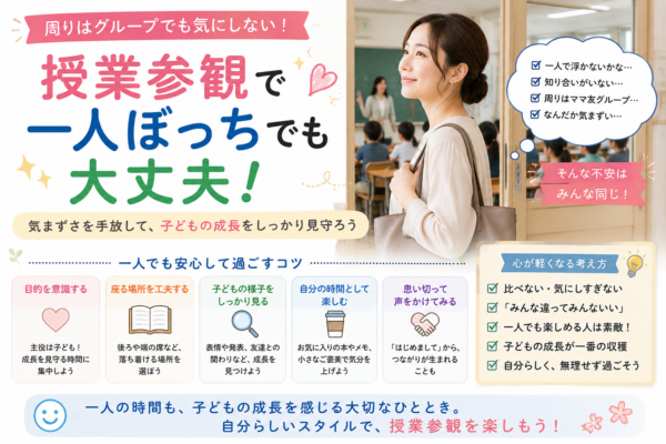 授業参観に一人で参加する母親と、周囲を気にせず子どもの成長を見守るための考え方や過ごし方を示したアイキャッチ画像