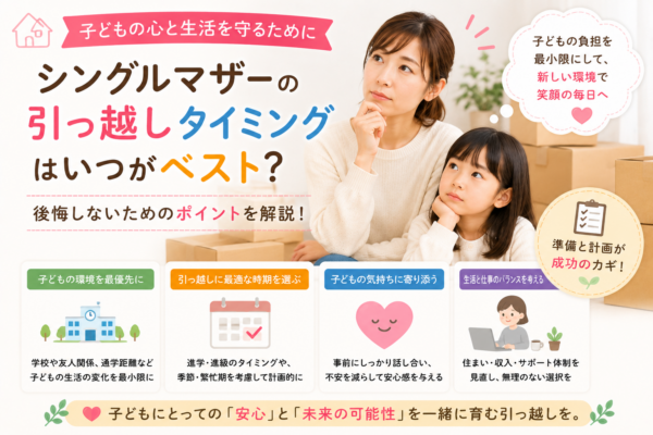 シングルマザーが子どもとの引っ越し時期を考える際に、学校や友人関係、進学・進級のタイミング、子どもの気持ち、仕事や生活とのバランスを確認し、負担の少ない新生活を準備するポイントを紹介する画像