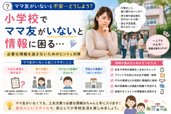 小学校でママ友がいないことに不安を感じる母親と、学校からの連絡・プリント・PTA・保護者との適度な交流など必要な情報を集める方法を示したアイキャッチ画像