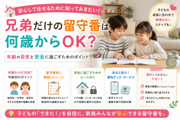 兄弟だけで留守番を始める家庭向けに、年齢の目安、事前確認、安全ルール、連絡手段、見守り方法など安心して過ごすためのポイントを紹介する画像