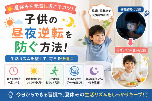 夏休みに子供の昼夜逆転を防ぐため、起床時間・朝の光・日中の運動・夜のスマホ制限・就寝前の習慣を整えるポイントを示した画像