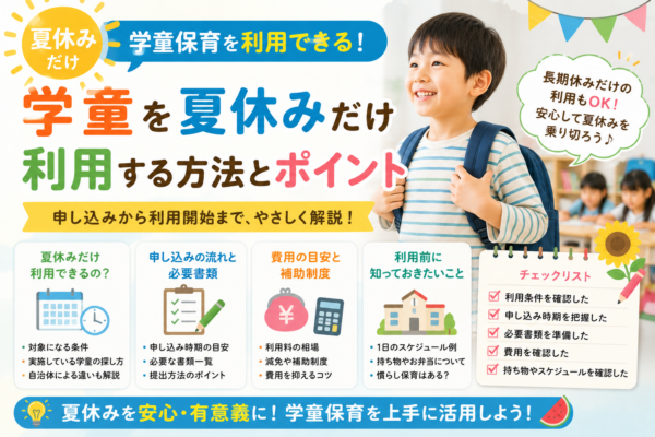 夏休みだけ学童を利用したい家庭向けに、利用条件・申込時期・必要書類・費用・持ち物など、申し込み前に確認したいポイントを紹介する画像
