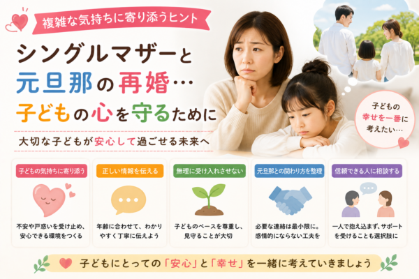 元旦那の再婚を子どもに伝える際、子どもの不安や戸惑いに寄り添い、年齢に合わせて説明し、無理に受け入れさせず、面会や新しい家族との距離感を子どものペースで考える方法を紹介する画像