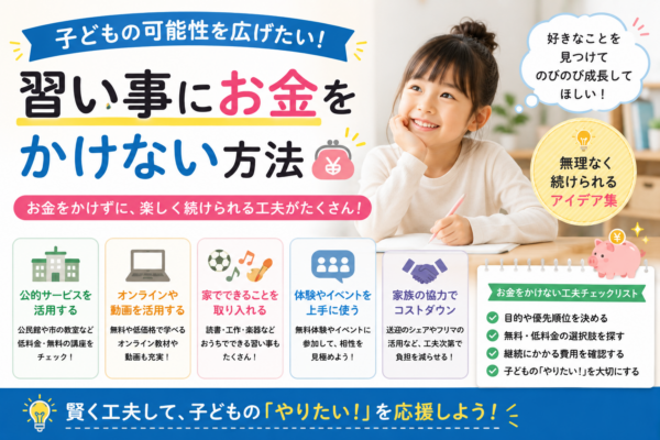 子供の習い事にお金をかけすぎず、公的サービス・オンライン教材・家庭学習・体験イベントなどを活用して無理なく続ける工夫をまとめた画像