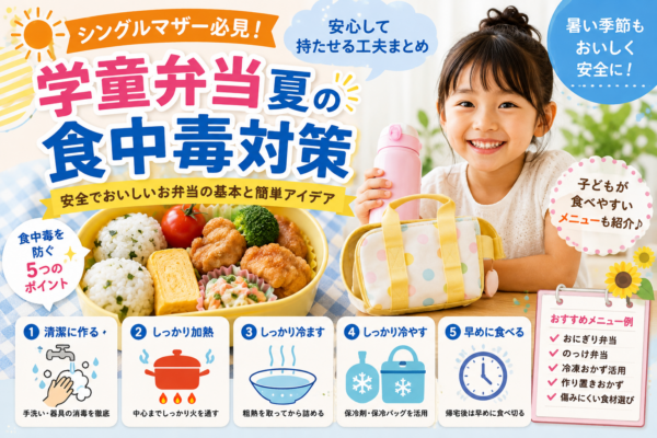 夏の学童弁当で食中毒を防ぐために、十分な加熱・冷却・保冷剤や保冷バッグの活用など5つの対策を紹介する画像