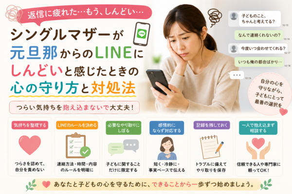 シングルマザーが元旦那からのLINEをしんどいと感じたときに、連絡ルールを決める、必要な内容だけに絞る、感情的に反応しない、記録を残す、信頼できる人へ相談するなど負担を減らす方法を紹介する画像