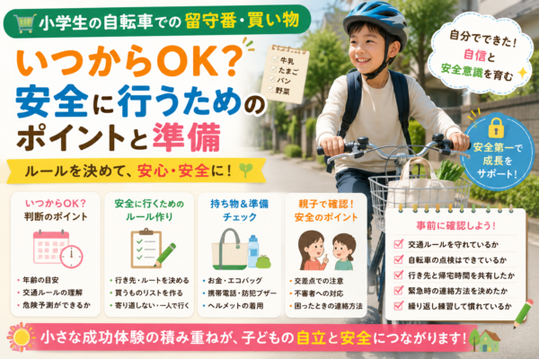 小学生が自転車で買い物に行く際の判断ポイント、交通ルール、持ち物、親子で確認したい安全対策を紹介する画像