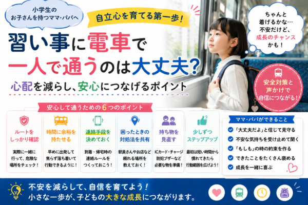 小学生が習い事へ電車で一人で通うときのルート確認・連絡手段・トラブル時の対応・持ち物など、安全に通うためのポイントをまとめた画像