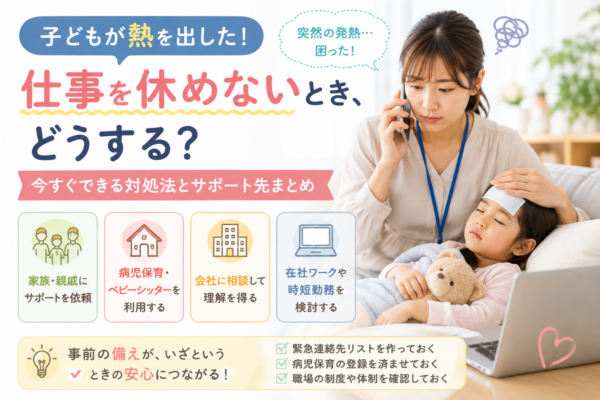 子どもの発熱で仕事を休めない母親と、病児保育・家族の支援・職場への相談・在宅勤務などの対処法を示したアイキャッチ画像