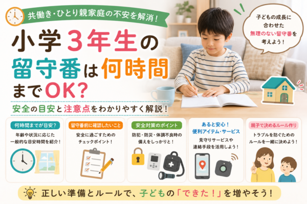 小学3年生の留守番について、何時間までを目安にするか、留守番前の確認事項、安全対策、連絡・見守り手段、親子で決めるルールを紹介する画像