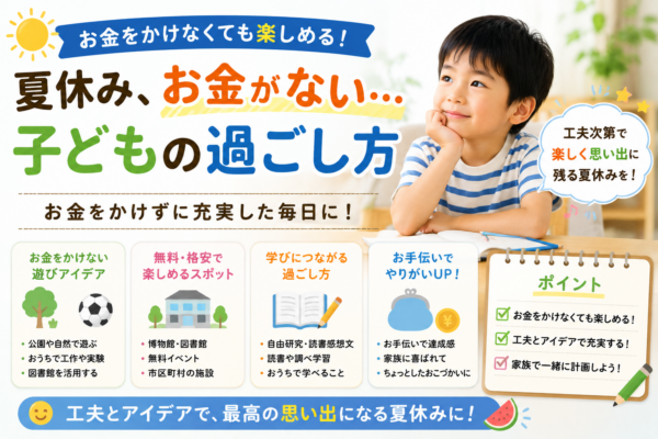 夏休みにお金をかけず子どもと楽しむために、公園・図書館・家遊び・学び・お手伝いなどの低予算アイデアを紹介する画像