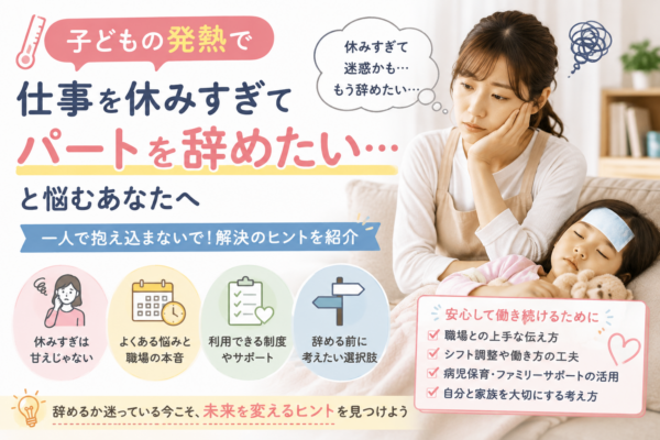 子どもの発熱で仕事を休みすぎてパートを辞めたいと悩む母親と、制度・職場への伝え方・病児保育・働き方の見直しを示したアイキャッチ画像