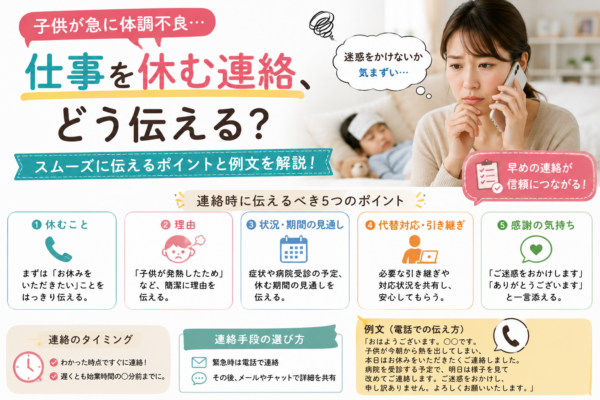 子供の急な体調不良で仕事を休む際に、職場へ伝える内容・連絡のタイミング・電話やメールの使い分け・引き継ぎ方法・例文をまとめた画像