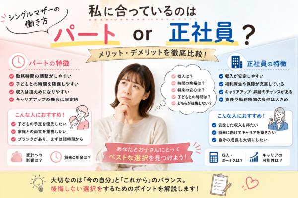 シングルマザーがパートと正社員の働き方を、収入・勤務時間・子供との時間・福利厚生・キャリアなどの違いから比較して選ぶポイントをまとめた画像