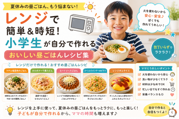 夏休みに小学生が電子レンジで簡単な昼ごはんを用意する様子と、火や包丁を使わないメニュー・時短・洗い物削減・安全に調理するポイントを示したアイキャッチ画像