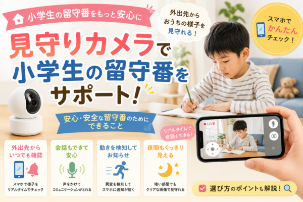 小学生の留守番を見守りカメラでサポートし、スマホでの外出先からの確認・会話・動体検知通知・夜間映像などの機能を紹介する画像