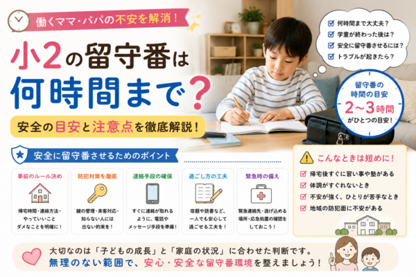 小学2年生が自宅で留守番する様子と、鍵・連絡手段・防犯・緊急時対応など安全に留守番するためのポイントを示したアイキャッチ画像