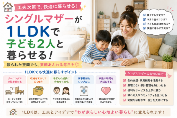 1LDKで子ども2人と暮らすシングルマザーと、収納・空間分け・家具配置・家事動線など限られた住まいを快適に使う工夫を示したアイキャッチ画像