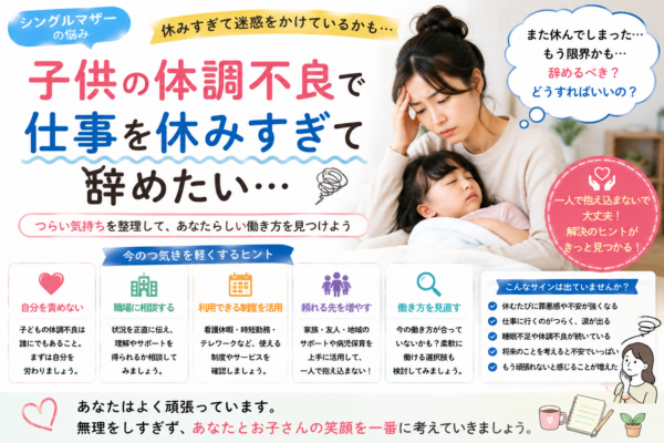 子供の体調不良で仕事を休みすぎて辞めたいと悩む母親に向け、職場への相談・利用できる制度・頼れる先・働き方の見直しなどの対策をまとめた画像