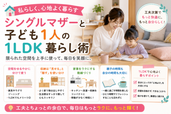 シングルマザーと子ども1人が1LDKで快適に暮らすために、空間の使い分け、収納、家事動線、親子の時間と一人時間を両立する工夫を紹介する画像
