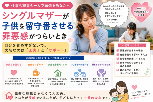 子どもを留守番させることに罪悪感を抱くシングルマザーと、安全対策・親子の時間・周囲のサポートを活用して不安を軽くする方法を示したアイキャッチ画像