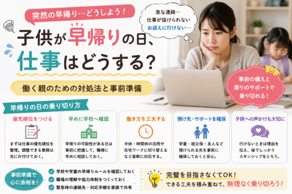 子供が早帰りの日に仕事を抜けられない親に向け、学校への確認・勤務時間の調整・学童や親族などの預け先・子供への声かけと事前準備をまとめた画像
