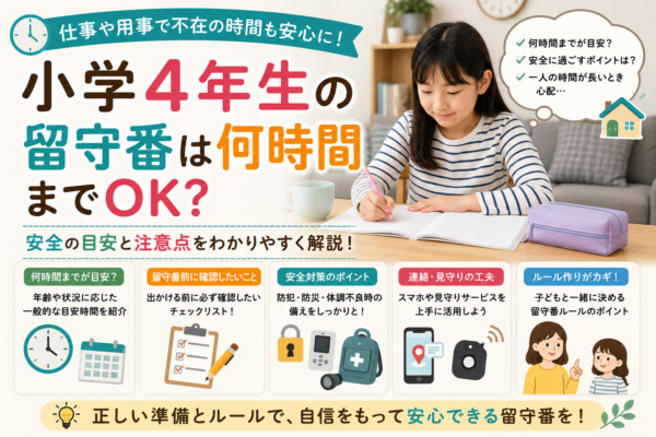 小学4年生の留守番について、何時間までを目安にするか、留守番前の確認事項、安全対策、連絡・見守り方法、親子で決めるルールを紹介する画像