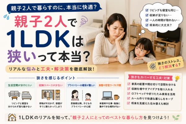 1LDKで暮らす親子2人と、収納不足・プライバシー・生活空間の狭さ・在宅ワークなどの悩みと、家具配置や間仕切り、収納の工夫を示したアイキャッチ画像