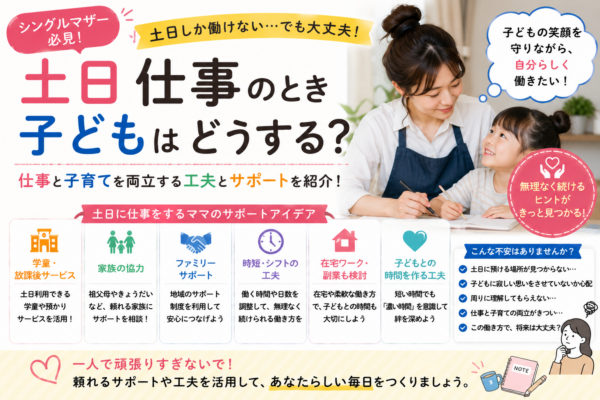 シングルマザーが土日仕事のとき、学童や家族の協力、地域の預かり、留守番などを組み合わせて子供の過ごし方を工夫する方法をまとめた画像