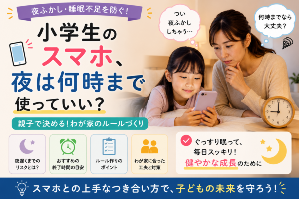 小学生が夜にスマホを使う時間について、母親と子どもが終了時間や家庭ルール、夜更かし対策を考えている様子